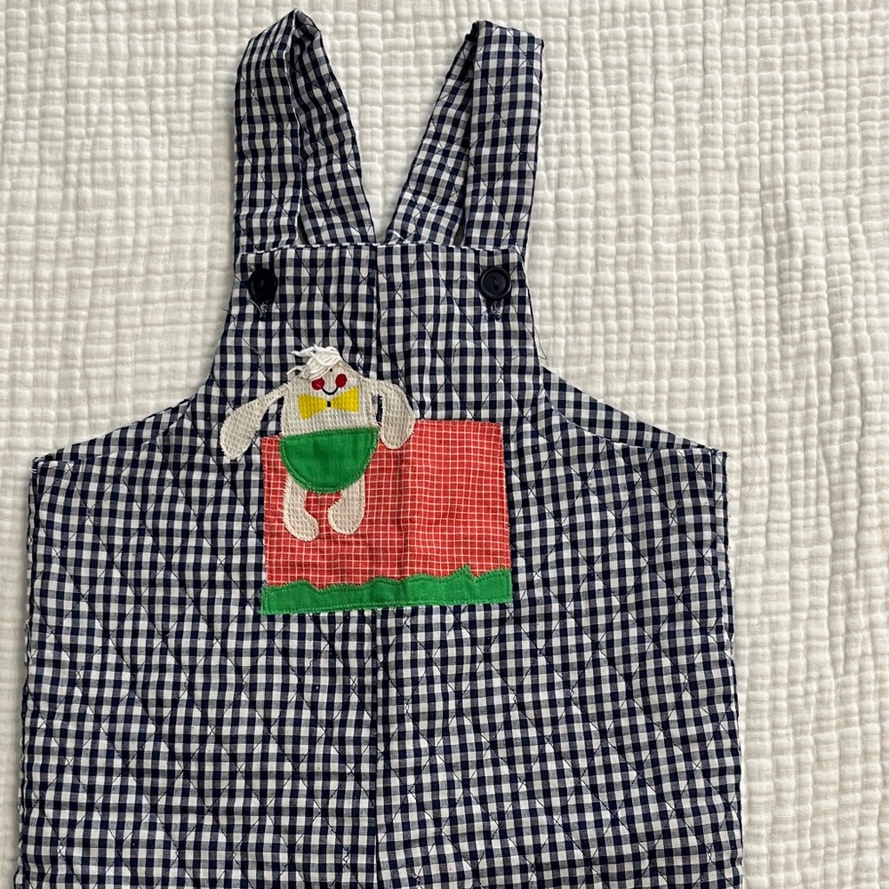 Vintage Kids Checkered Overalls with Humpty Dumpty Patch